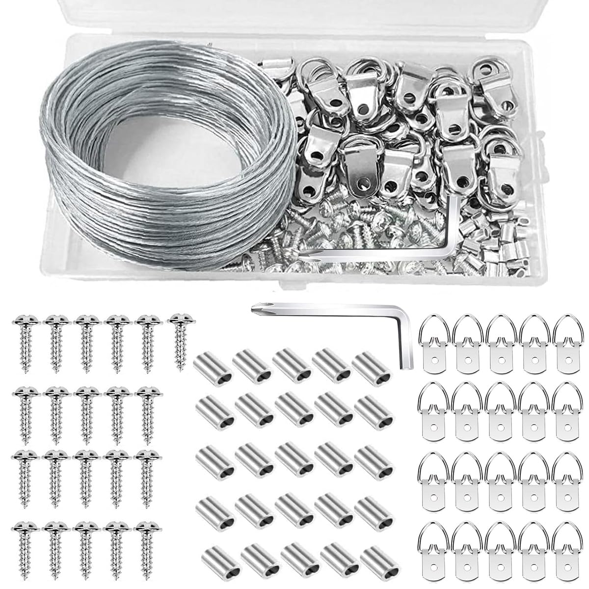 Serplex® 100Pcs Picture Hanging Wire Kit, 100 Feet Heavy Duty Wire Picture Hanging for Photo Mirror Frame Artwork, Included D Ring Picture Hangers, Screws, Aluminum Sleeves, Screwdriver, up to 30lbs