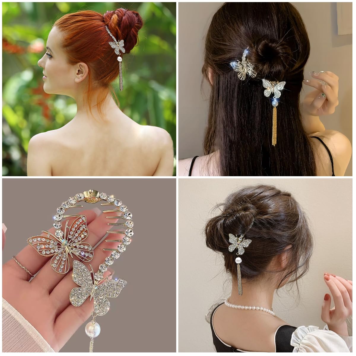 Venzina Butterfly Bow Hair Clip for Wedding and Daily Use featuring Self Lock Claw | Rhinestone Tassel Design for Women Girls