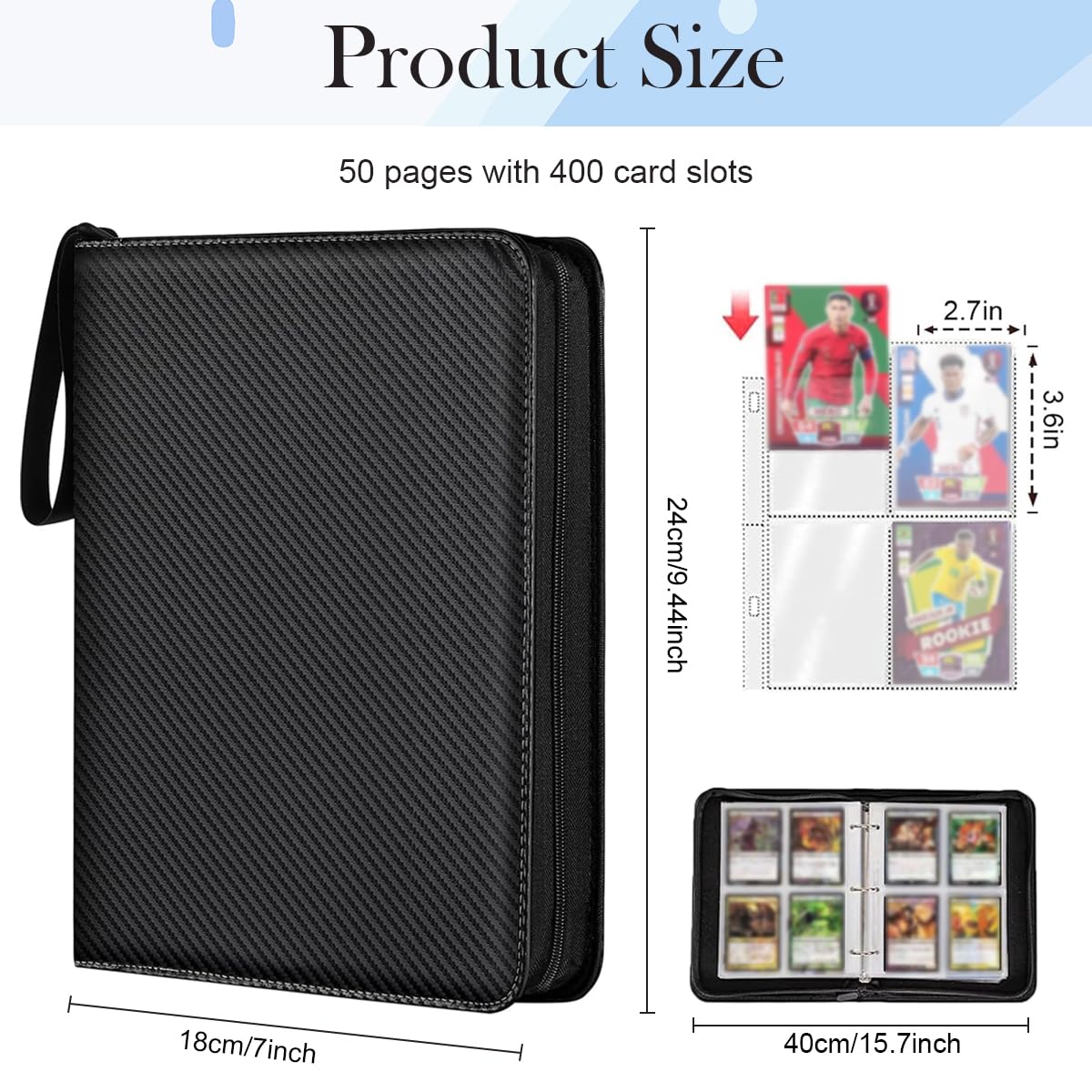PATPAT Trading Card Binder for 400 Cards with Zipper Closure and PU Waterproof Cover | Black Kids Organizer