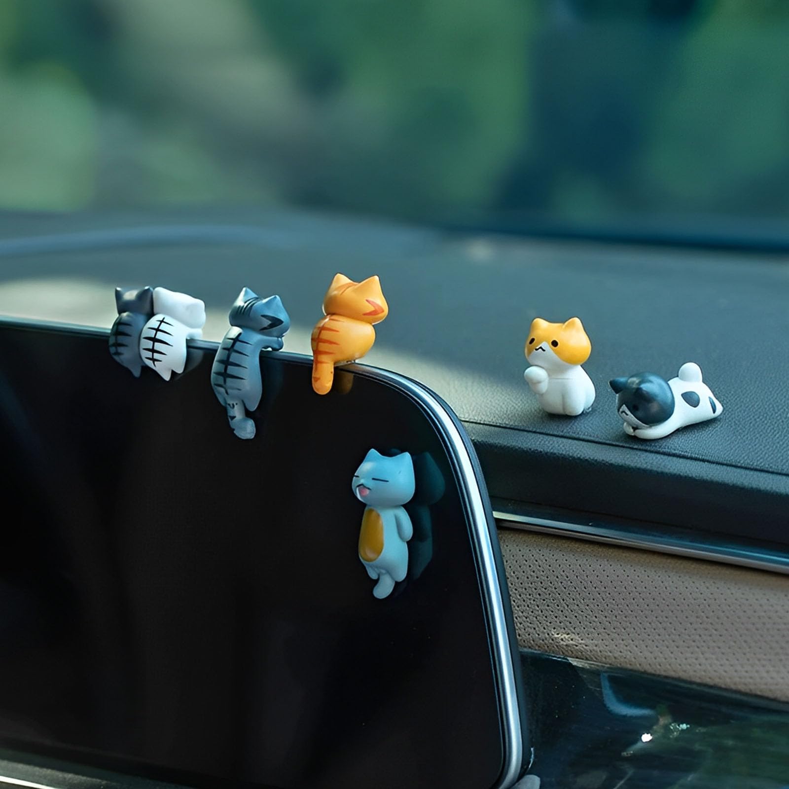 STHIRA® 6 Pcs Cute Cat Car Accessories Funny Resin Cat Figurines Dashboard Decorations & Rear View Mirror Cute Pussy Figure Decorative