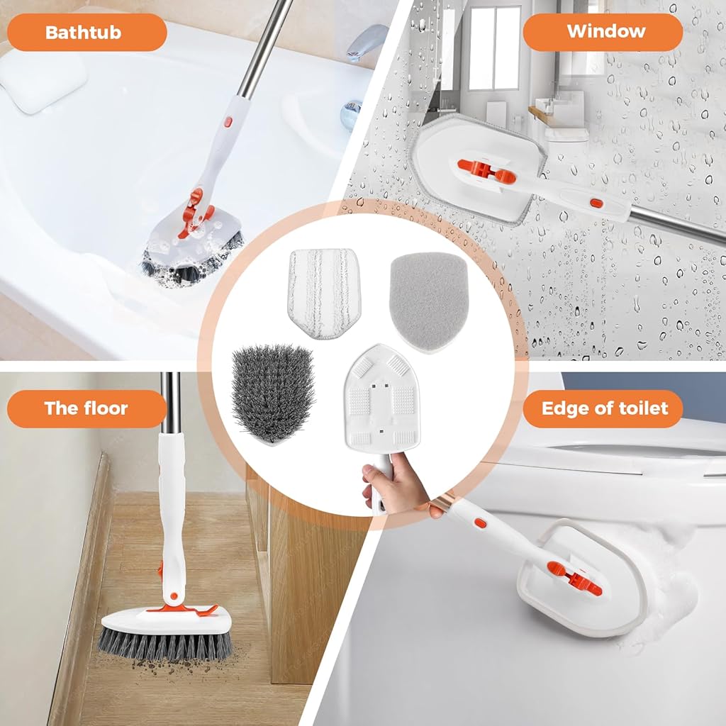 ZIBUYU® Floor Cleaning Brush Kit 3 in 1 Home Cleaning Scrubber Brush with Multi Interchangeable Attachment Brushes 52''  Long Handle Floor Cleaning Brush Window Scrubber Brush