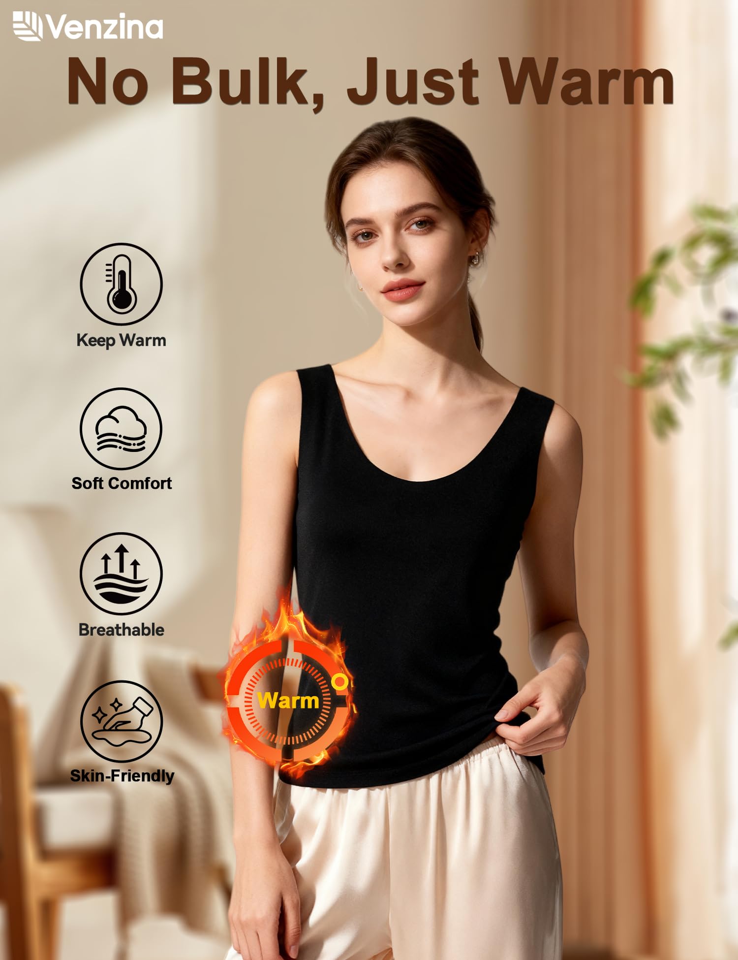 Venzina Women's Seamless Thermal Vest with Double-Sided Fleece for Winter Layering | Black XL