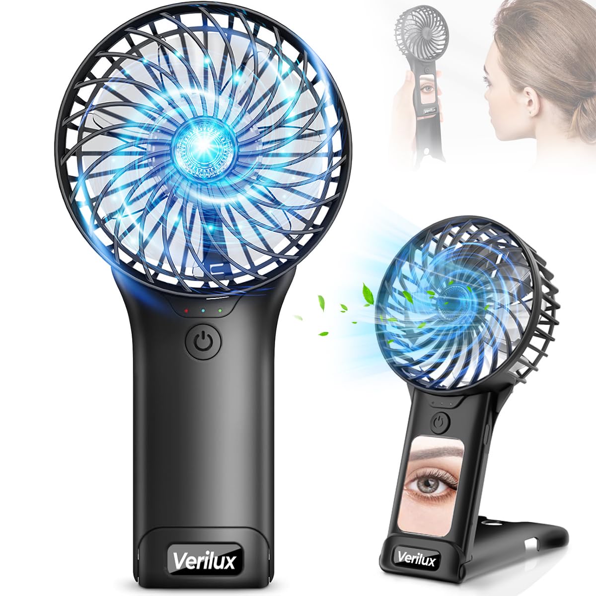 Verilux® Hand Fan Mini Portable Fan with Mirror, 4-Speed USB Fan with Foldable Stand Base, Lasting Max 20Hrs Working Time, Rechargeable Fan for Girls Women Traveling Outdoor (Black)