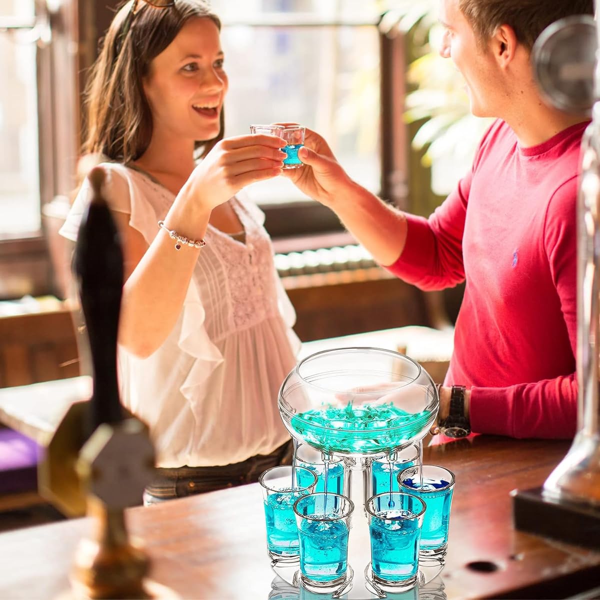 HASTHIP Acrylic Liquor Dispenser Set for Parties with 32oz Capacity and 6 Cup Outlets | Clear Acrylic Bar Accessory