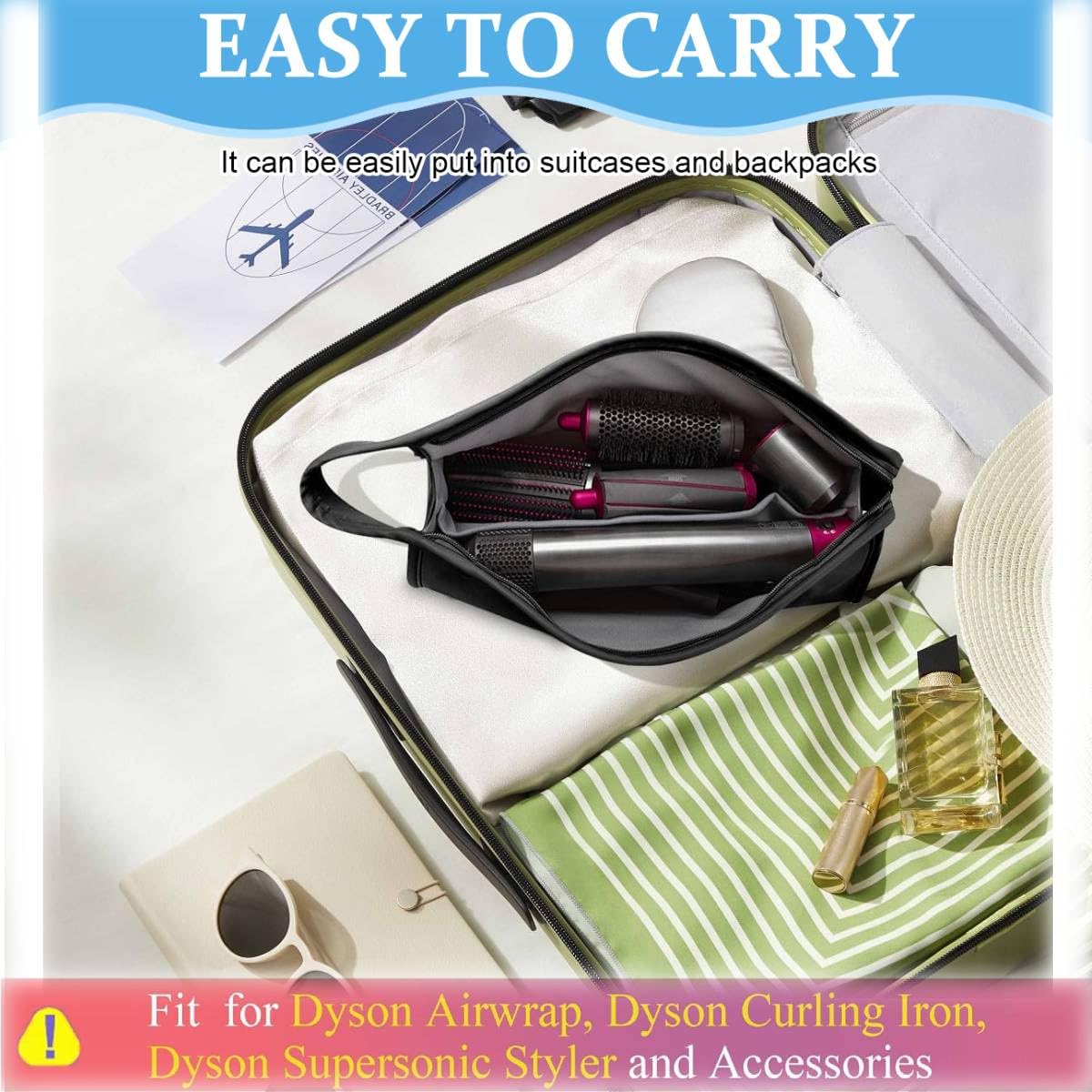 MAYCREATE Travel Case for Airwrap Styler and Supersonic Hair Dryer featuring 39.5×22 cm dual-compartment waterproof PU design | Black