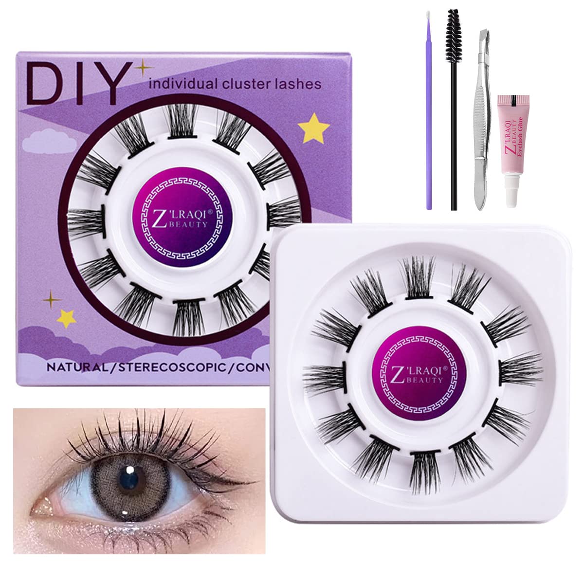 MAYCREATE False Eyelash Kit for Natural 3D Eye Look featuring 12pcs 13mm Cluster Lashes | Includes Glue and Tools