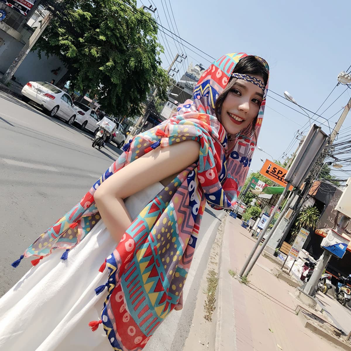 Venzina Long Shawl for Women with Geometric Print and Tassels 180 x 90cm Satin Scarf Wrap