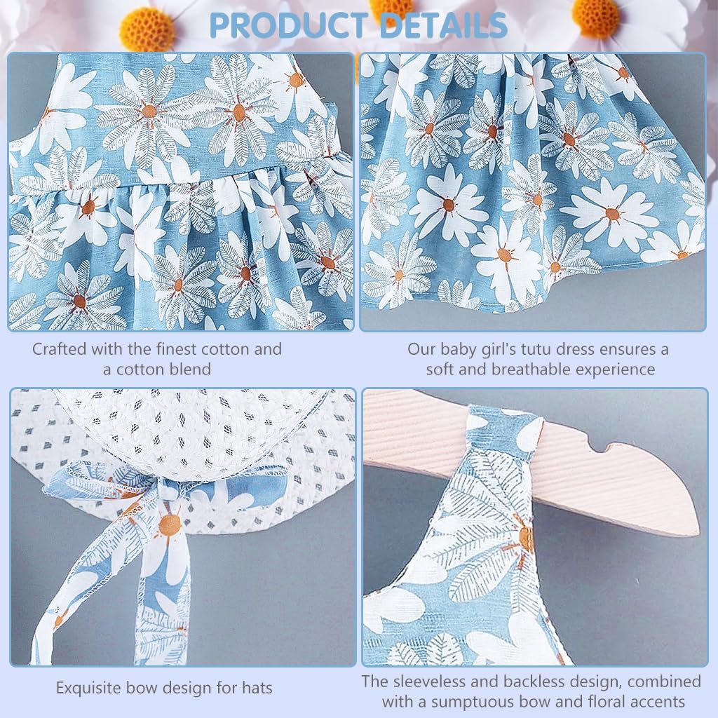Snowie Soft Baby Girls Dress Set with Straw Hat featuring Blue Daisy Print | 24–36 Months