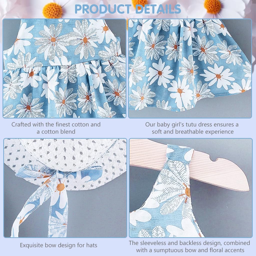 SNOWIE SOFT® Baby Girls Dress Straw Hat Set Summer Baby Girls Dress Blue Daisy Print Bow Girls Dress for Baby Girls 24-36 Months Birthday Gift for Baby Girls