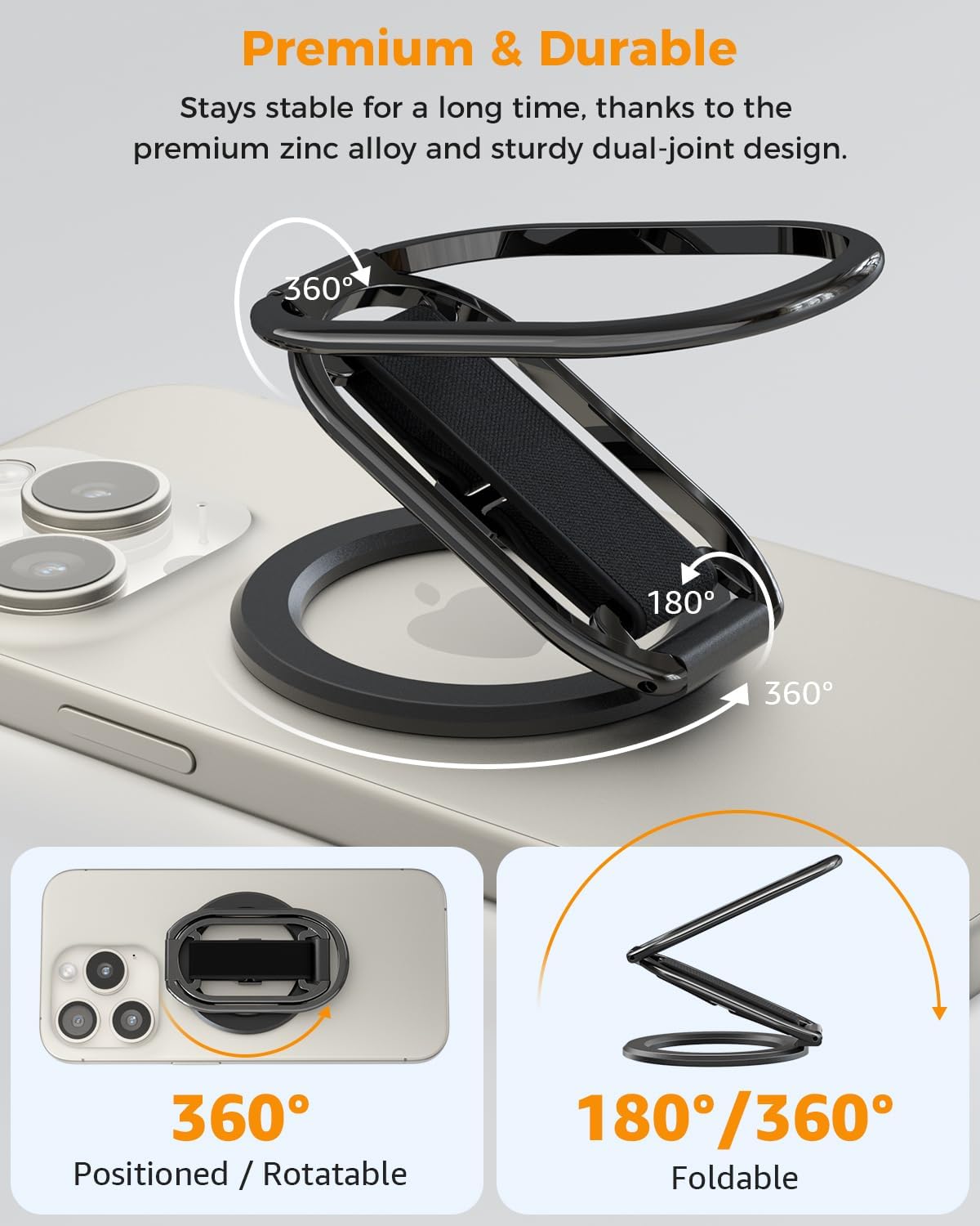 ZORBES Magnetic Phone Ring Grip for Hands Free Viewing with 360° Rotatable Triple Folding Stand