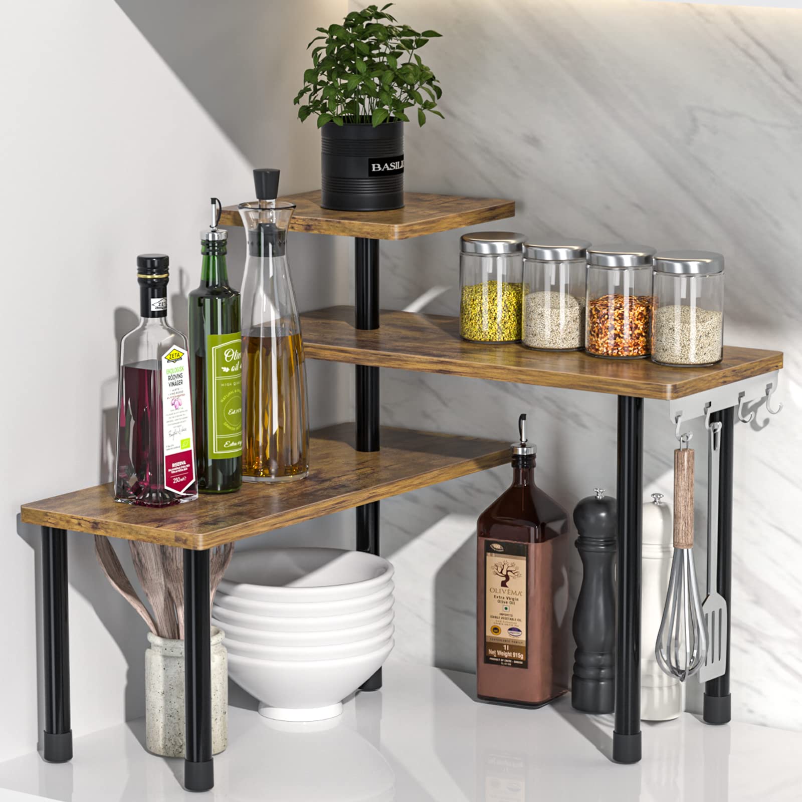HASTHIP® 3 Tier Corner Organizer Countertop Organizer Stepped Wooden Storage Shelf Modern Minimalist Table Rack Space Saver Storage Shelf for Ornaments, Toiletries, Kitchen & Bathroom