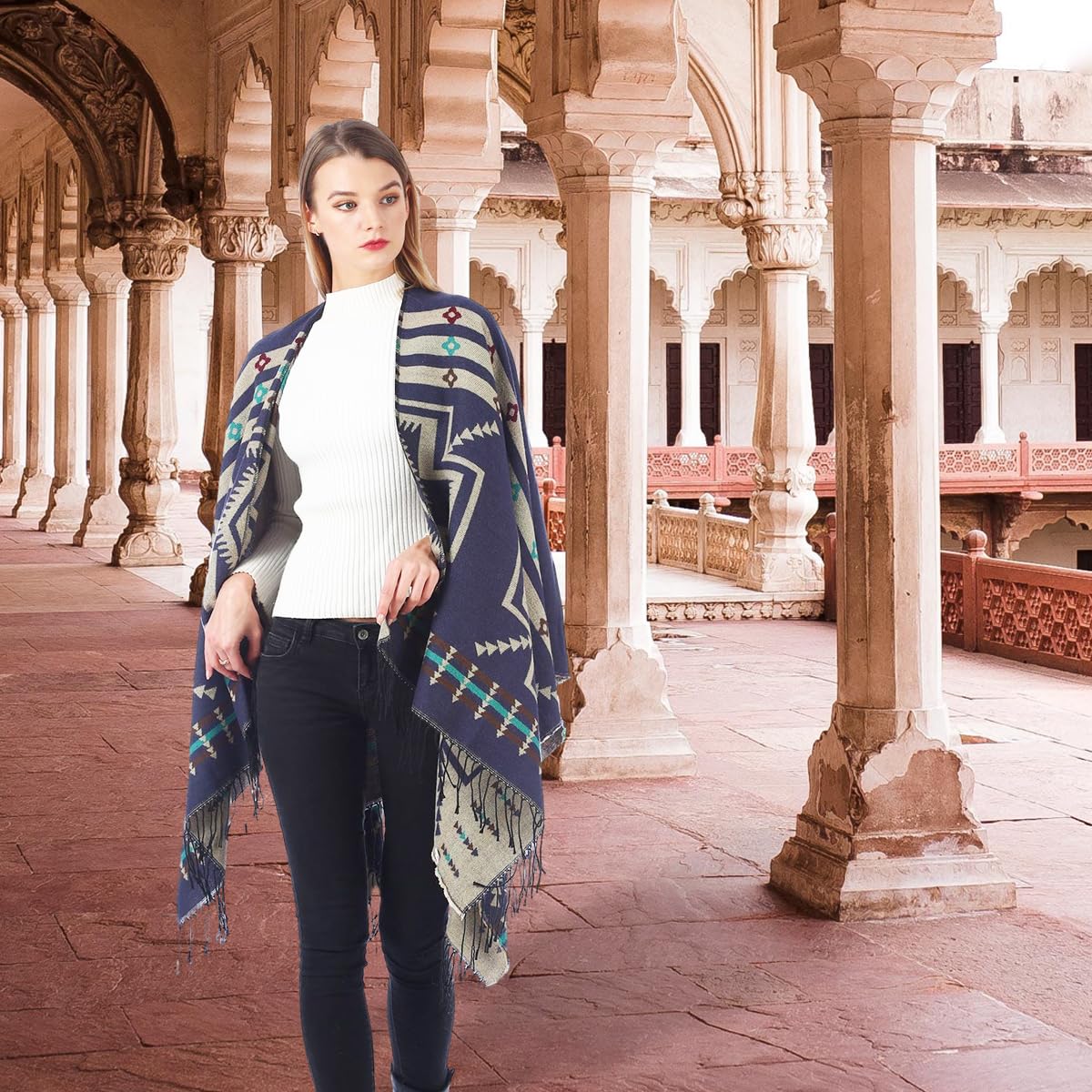 PALAY Women's Shawl Wrap for Indoor and Outdoor Use featuring Jacquard Design 51 x 59 in Warm Dacron Fabric