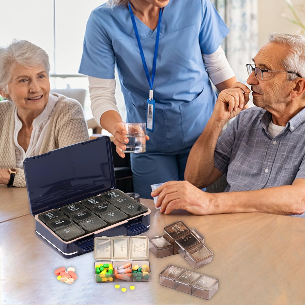 HANNEA Travel Pill Organizer Set for Daily Medication with 7 Compartments and Rotatable Date Reminder | Food Grade PET and Silicone Boxes