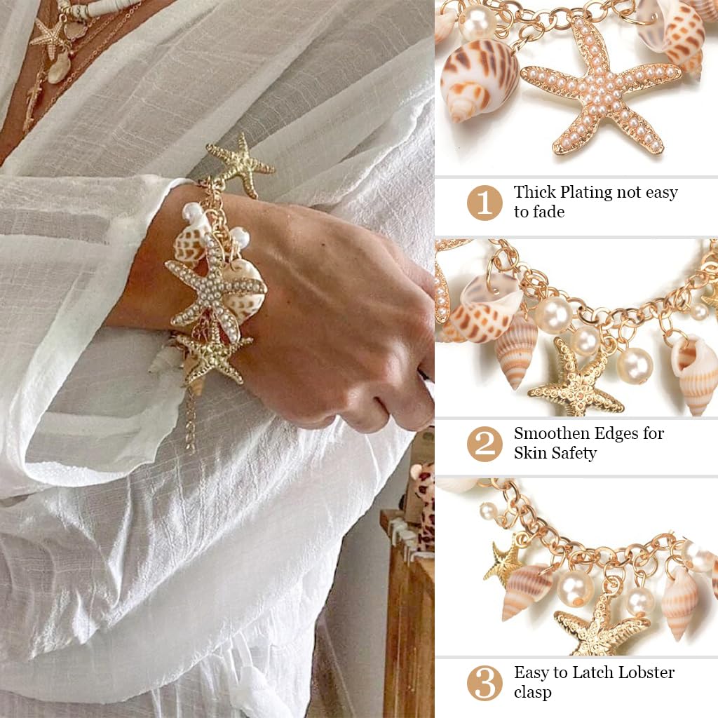 Zibuyu Boho Seashell Bracelet Set for Beach Parties with 20cm Chain & Pearl Charms | Gift for Women