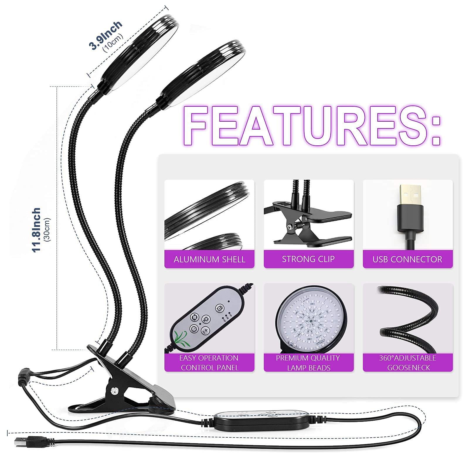 HASTHIP Grow Light for Indoor Plants with 156 LED 2 Heads and Flexible Lamp Neck | USB Plug