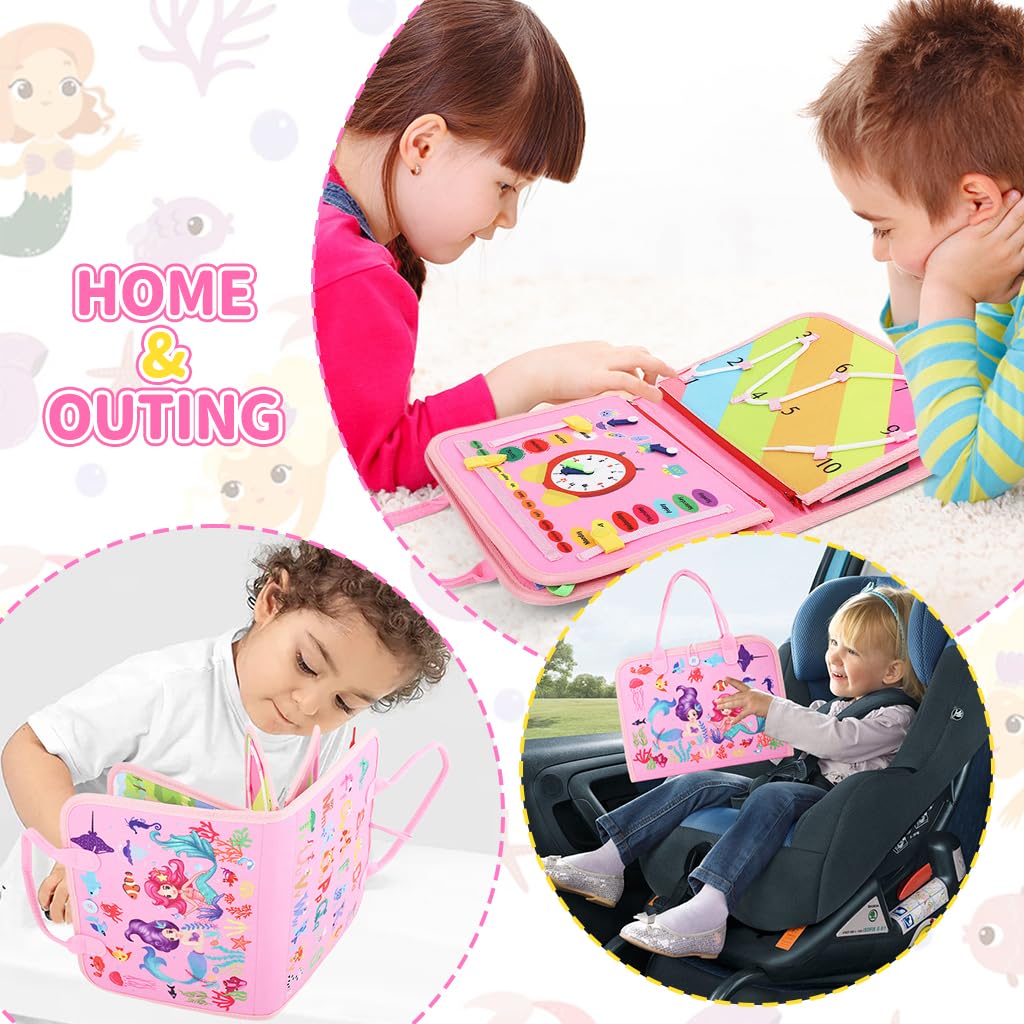 SNOWIE SOFT Mermaid Toddler Busy Binder for Travel with 10 Pages and Folding Handbag Style