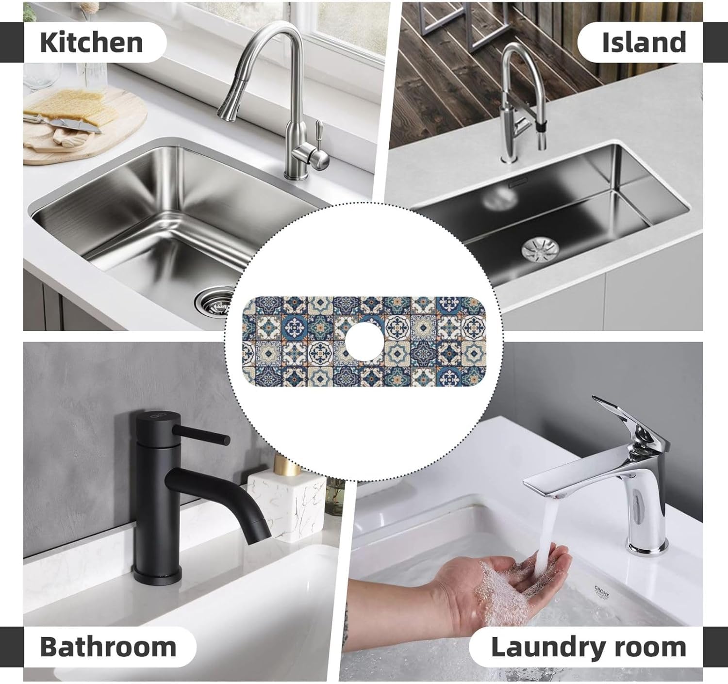 Supvox Kitchen Sink Faucet Pad 14x38cm for Counter Protection with Oval Opening | Quick-Dry Diatom Mud Retro Patchwork Mat