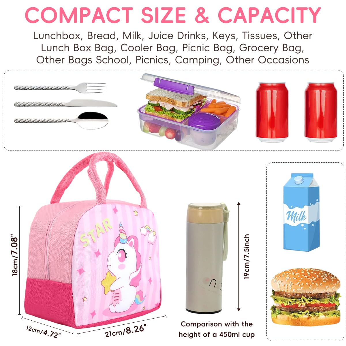 HASTHIP Lunch Bag for School and Office with Insulated Liner and Zipper | 21x12x18cm Portable Food Pouch