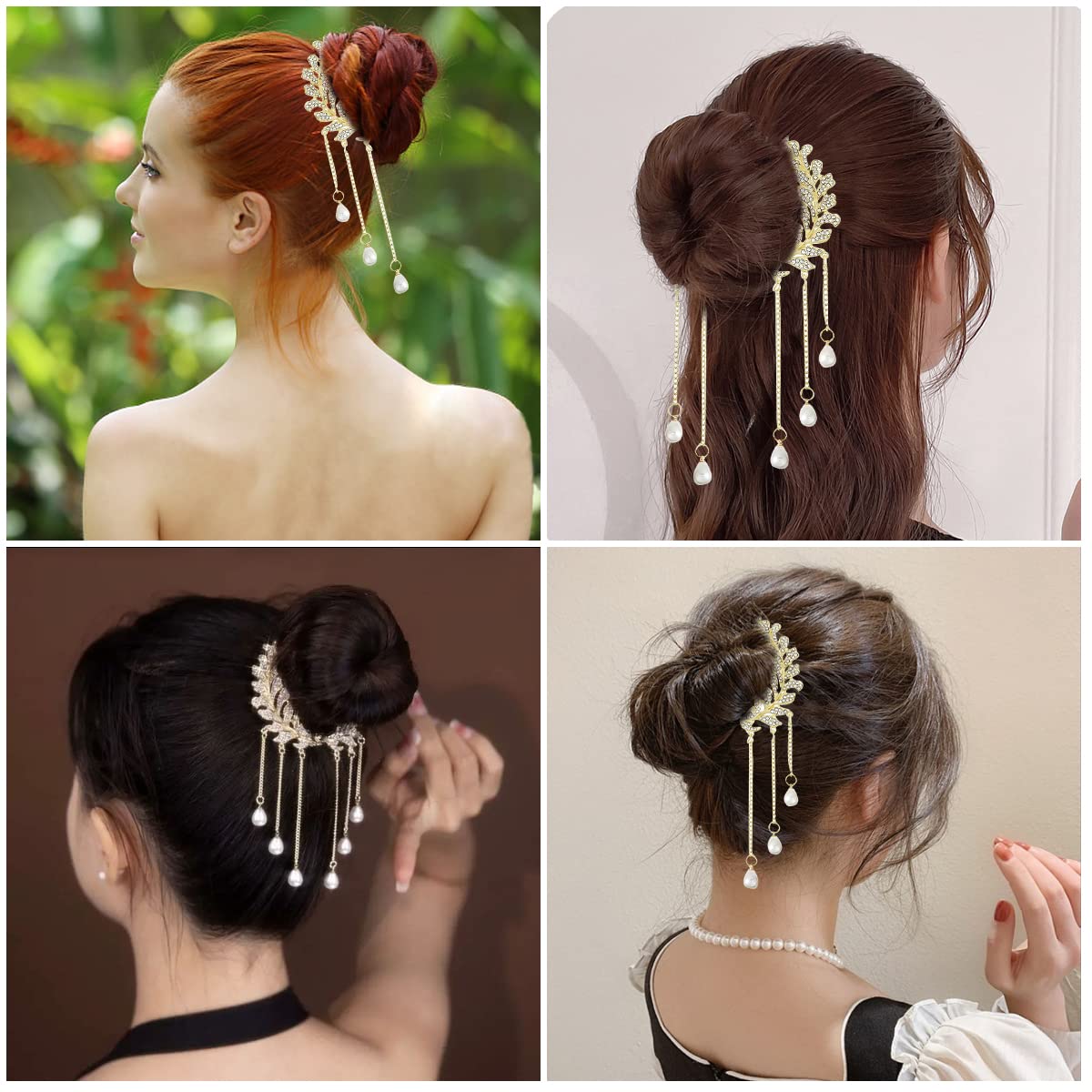 SANNIDHI Pearl Tassel Hair Bun Clip for Wedding and Party with Self Lock Design | Alloy Rhinestone Accessory for Women