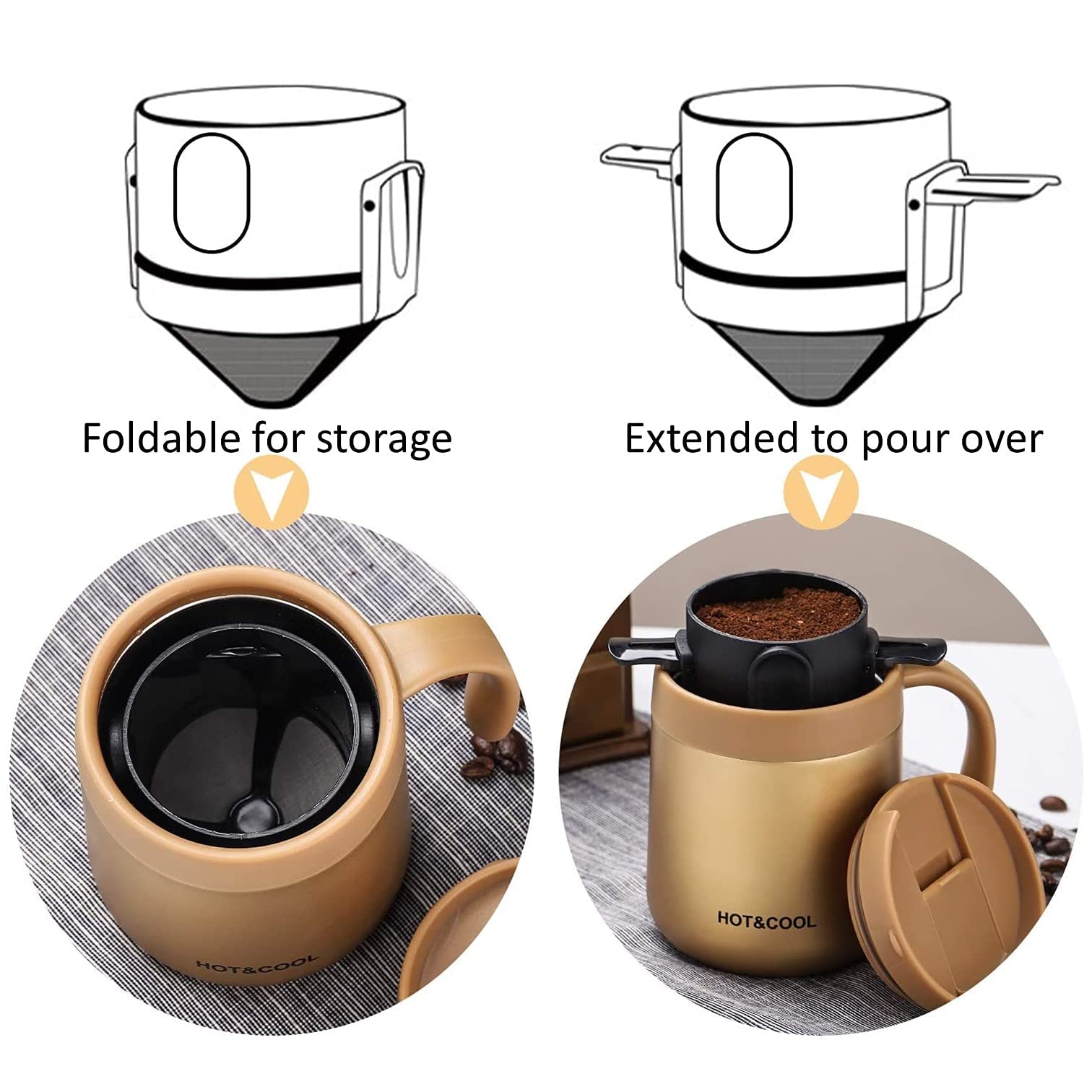 HASTHIP Filter Coffee Maker Double Mesh Pour Over Coffee Filter Food Grade Stainless Steel & Plastic Coffee Dripper 100% Paperless Maker Foldable to Fit Most Cup Keep Coffee Flavour Easy to Use and Clean