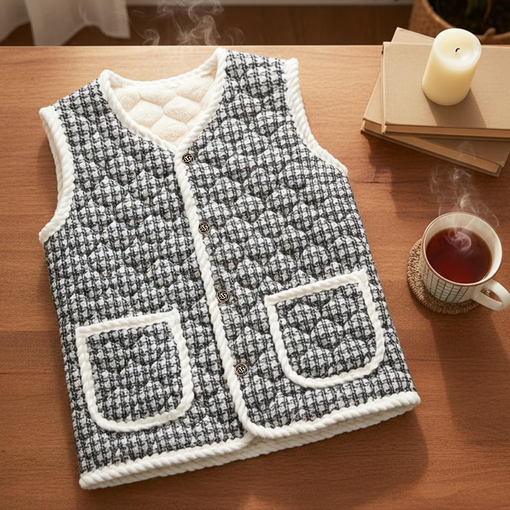 SANNIDHI Women’s Fleece Vest for Winter Layering with Button Front and Houndstooth Print