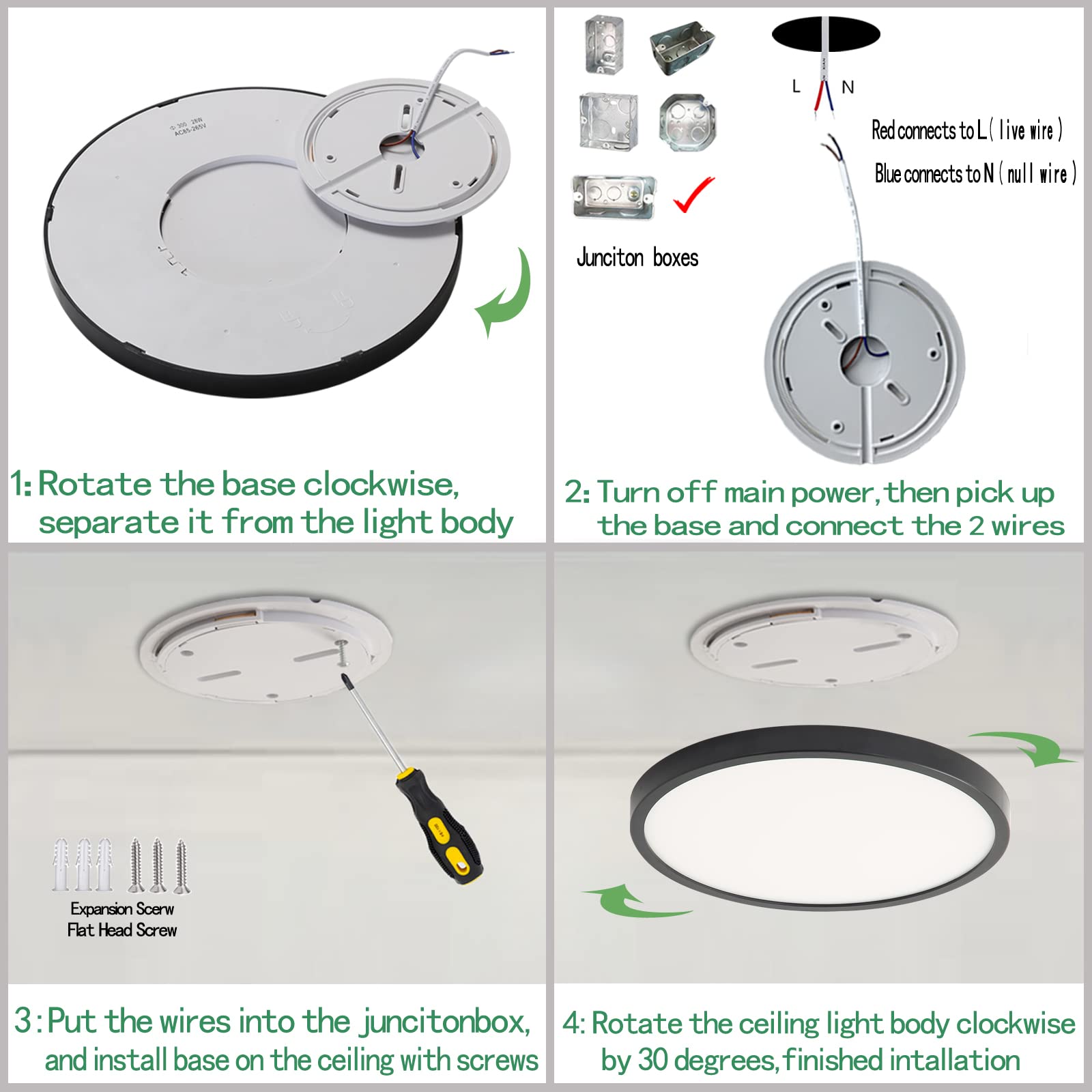 HASTHIP LED Ceiling Light for Living Room with 24W 120pcs Source and 0.83in Ultra Thin Design | Warm 3000K Black Fixture