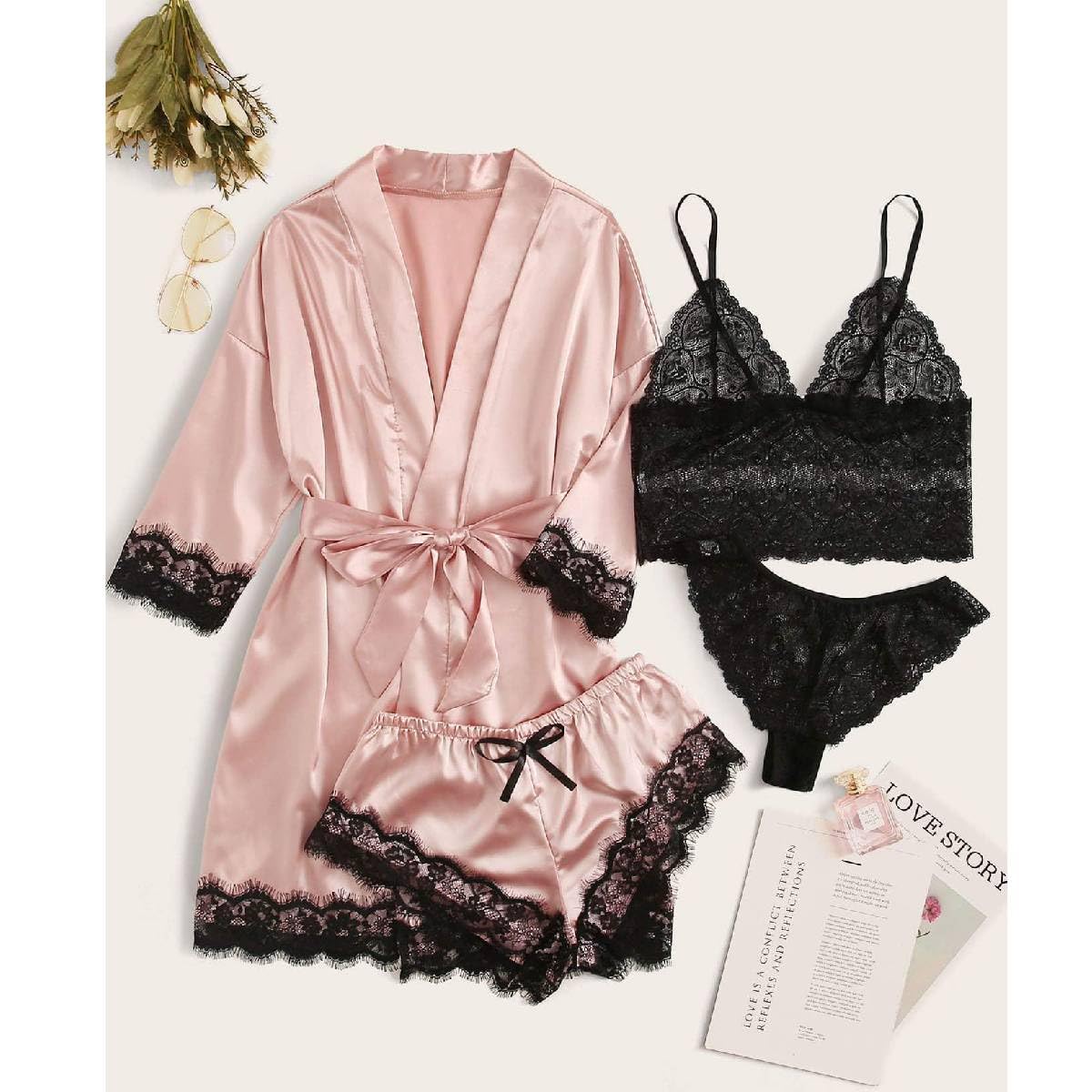 PALAY Women Lingerie Set for Sleepwear and Loungewear featuring 4pcs Silk Lace Robe | Black Bra and Thong
