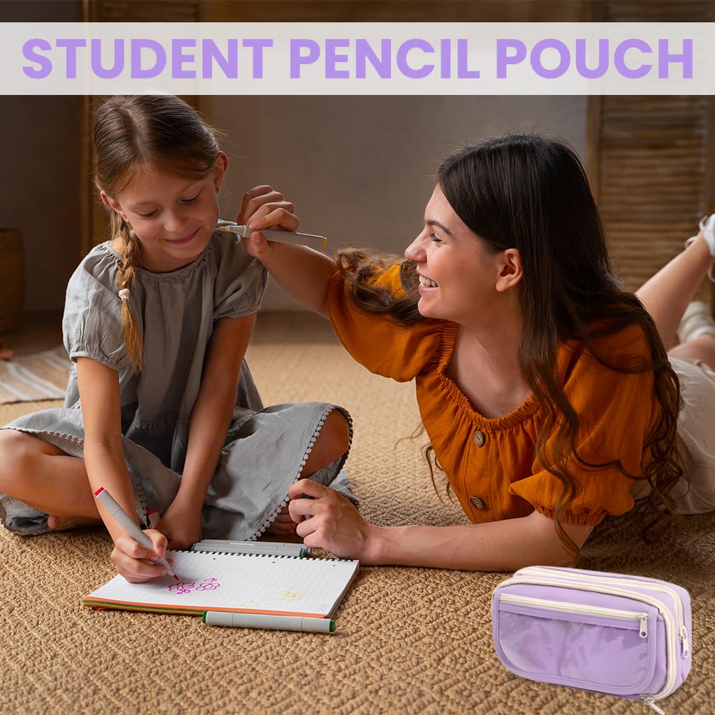 Zibuyu Student Pencil Pouch for School and Office with Multi Layer Mesh Pockets | Purple Organizer