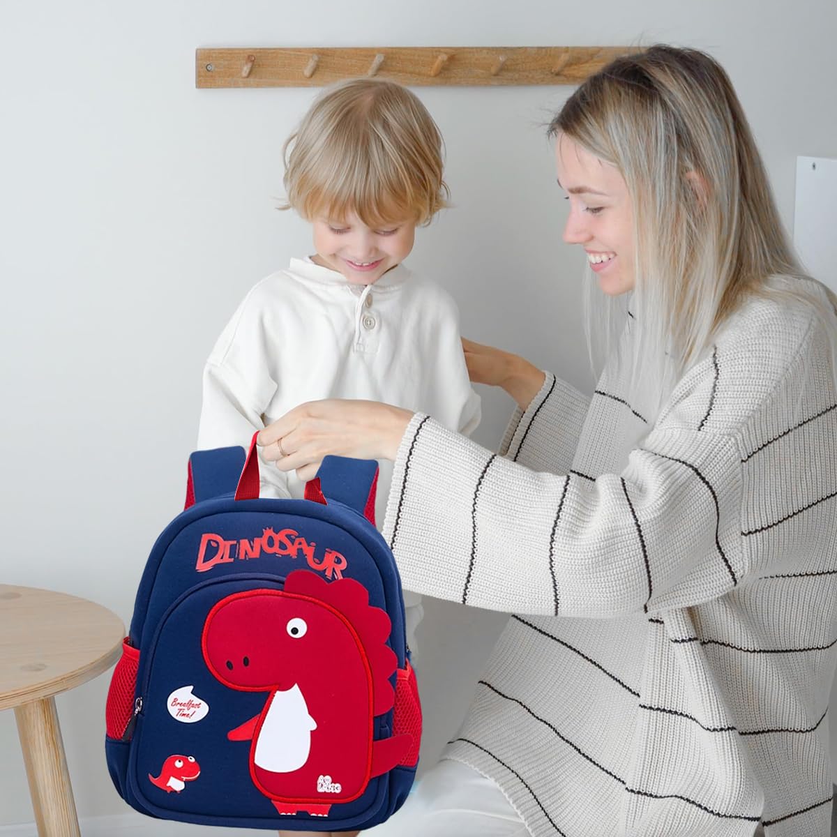 Fancyku Kids School Backpack for Preschool with 33x26x12cm Capacity and Neoprene Build | Cute Red Dinosaur Design for Boys and Girls