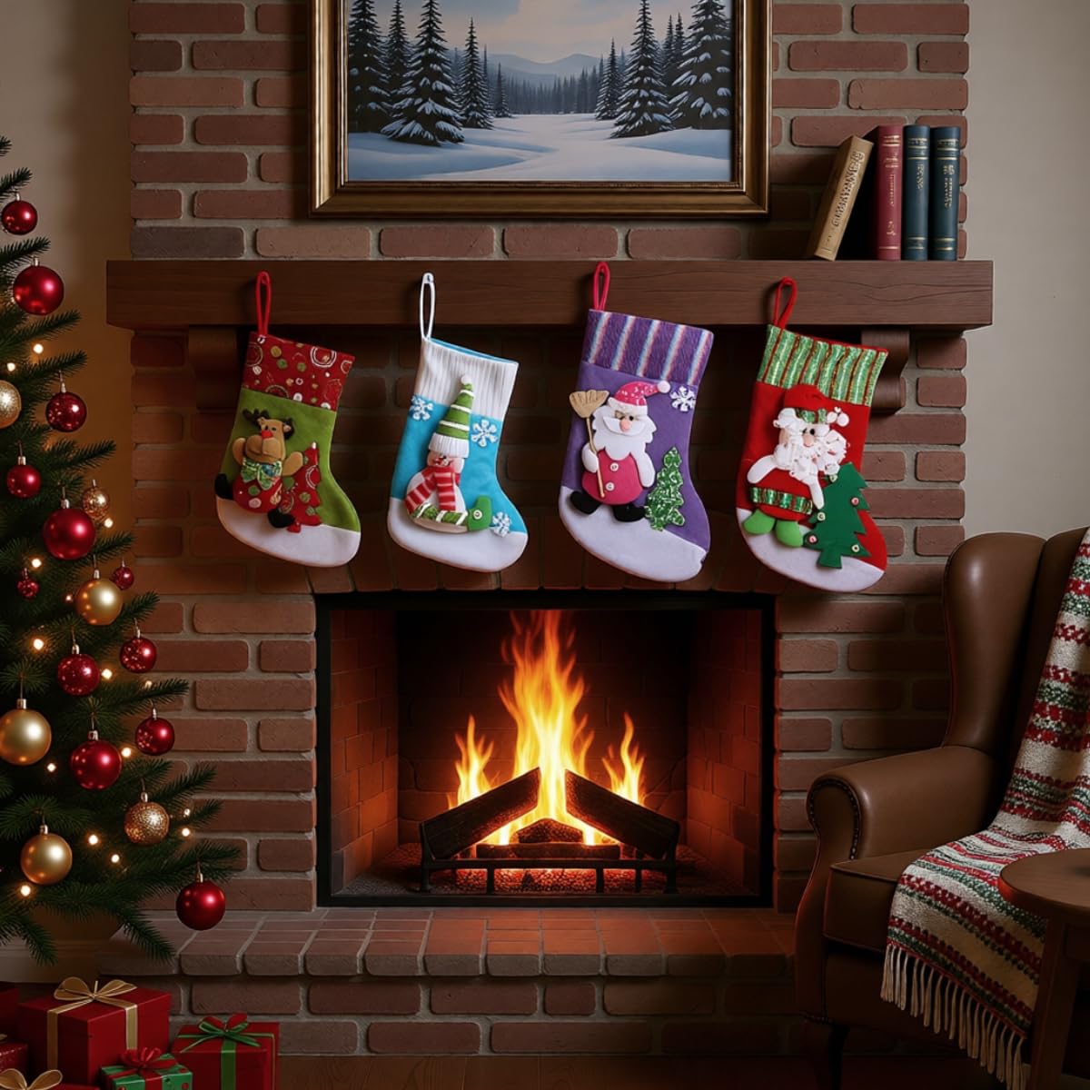 HASTHIP Christmas Stockings Set for Holiday Decor with Santa Snowman Reindeer | Set of 4