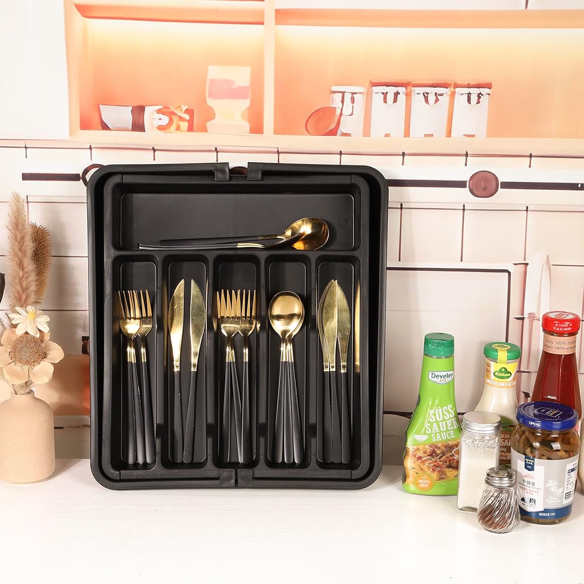 Supvox Kitchen Drawer Divider Organizer for Cutlery with 13–22.4 in Adjustable Length and 6 Compartments | PP Plastic Silverware Tray