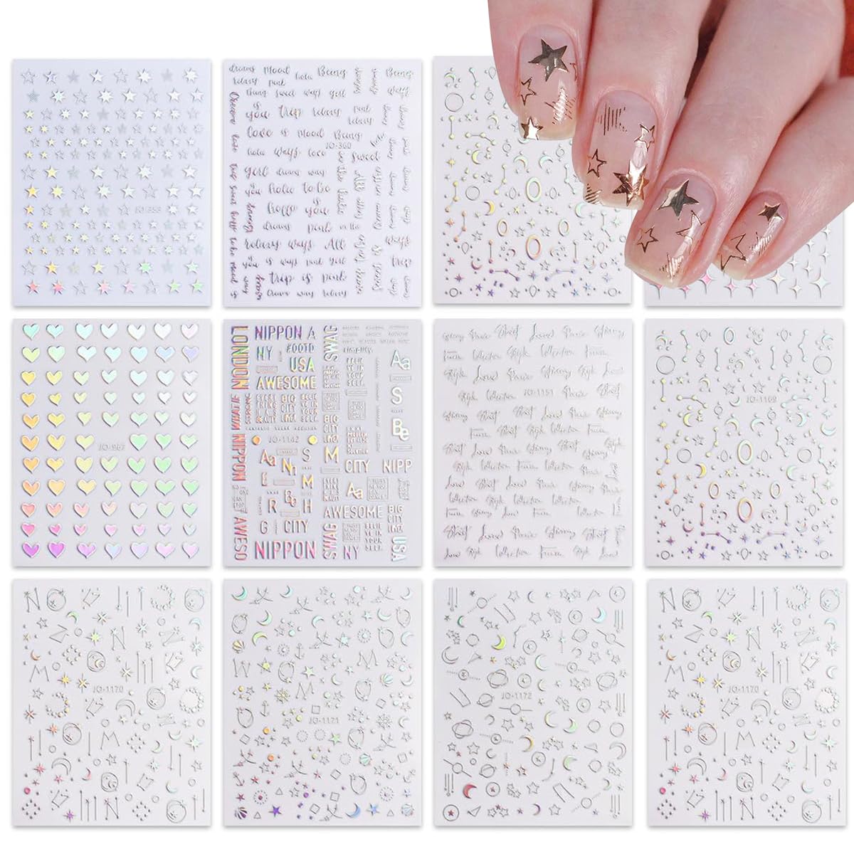 MAYCREATE® 12 Sheets Shining Nail Art Stickers Decals 12 Design Self-Adhesive Glittering Holographic Nail Art Decals for Fake Nail Art DIY Nail Art Decals