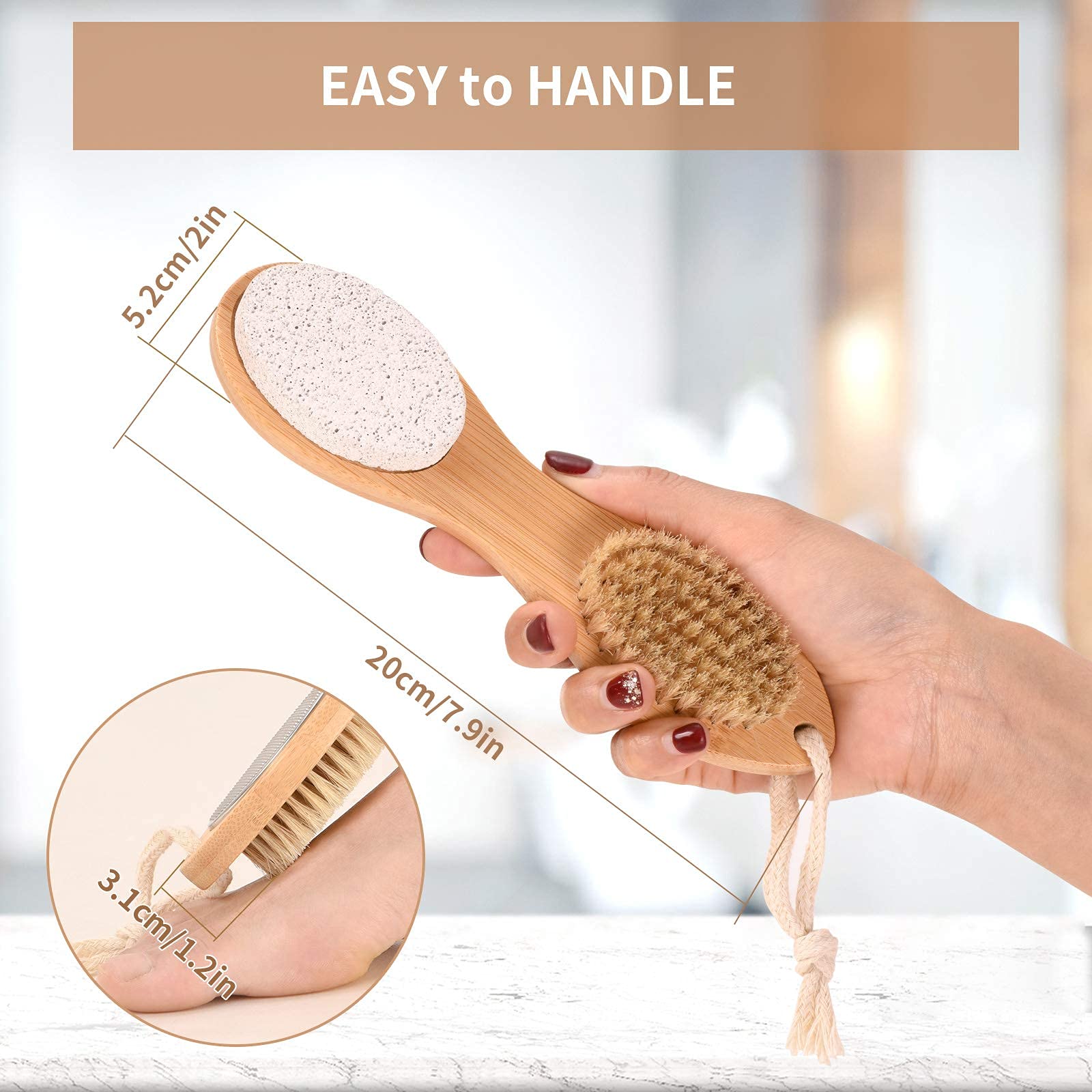 PatPat 4 In 1 Foot Pedicure Brush,Foot Scrubber,Foot File Callus Remover,Exfoliator Tools with Foot Care Bristle Brush,Sand Paper and Bamboo Handle