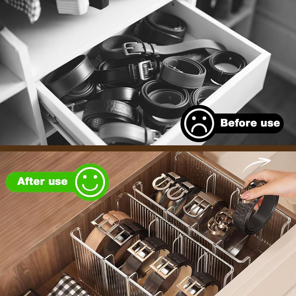 HASTHIP Belts Organizer Case for Wardrobe Storage with Flexible Dividers and Clear PET Boxes 13.5x26x11cm | Pack of 2