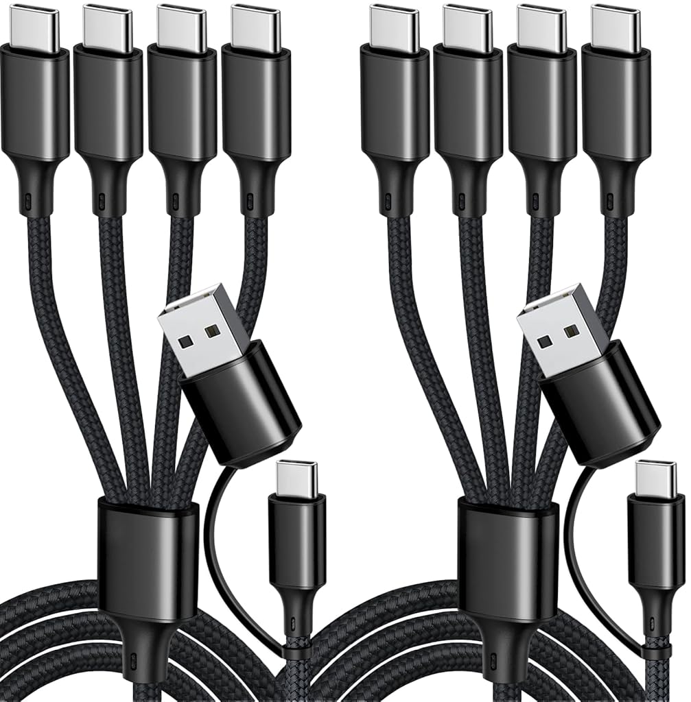 ELEPHANTBOAT® USB C Splitter Multi Charging Cable, USB A/C Fast Charging Cord, 4 in 1 Multi Charger Cable with 4 Type-C Connectors for iPhone16/15 Series/Cell Phones & Pads-2Pack 4FT Black