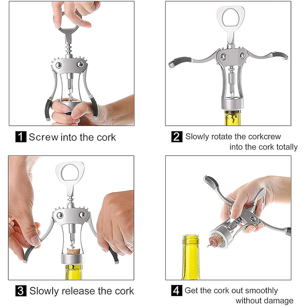 HASTHIP® Wing Corkscrew Wine Opener Professional Multifunctional All-in-One Bottle and Beer Strong Stainless Steel Zinc Alloy Wont Split or Crumble Cork 3 PCS