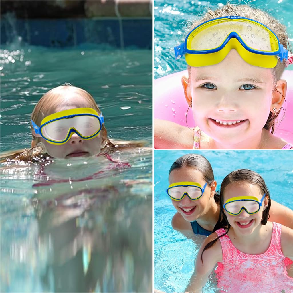 Proberos® Kids Leakproof Anti-Fog Yellow Swimming Goggles With Integrated Ear Plugs - UV Protection Comfortable Fit Adjustable Strap for Boys & Girls Aged 3-16 - HD Clear Vision Swim Eyewear