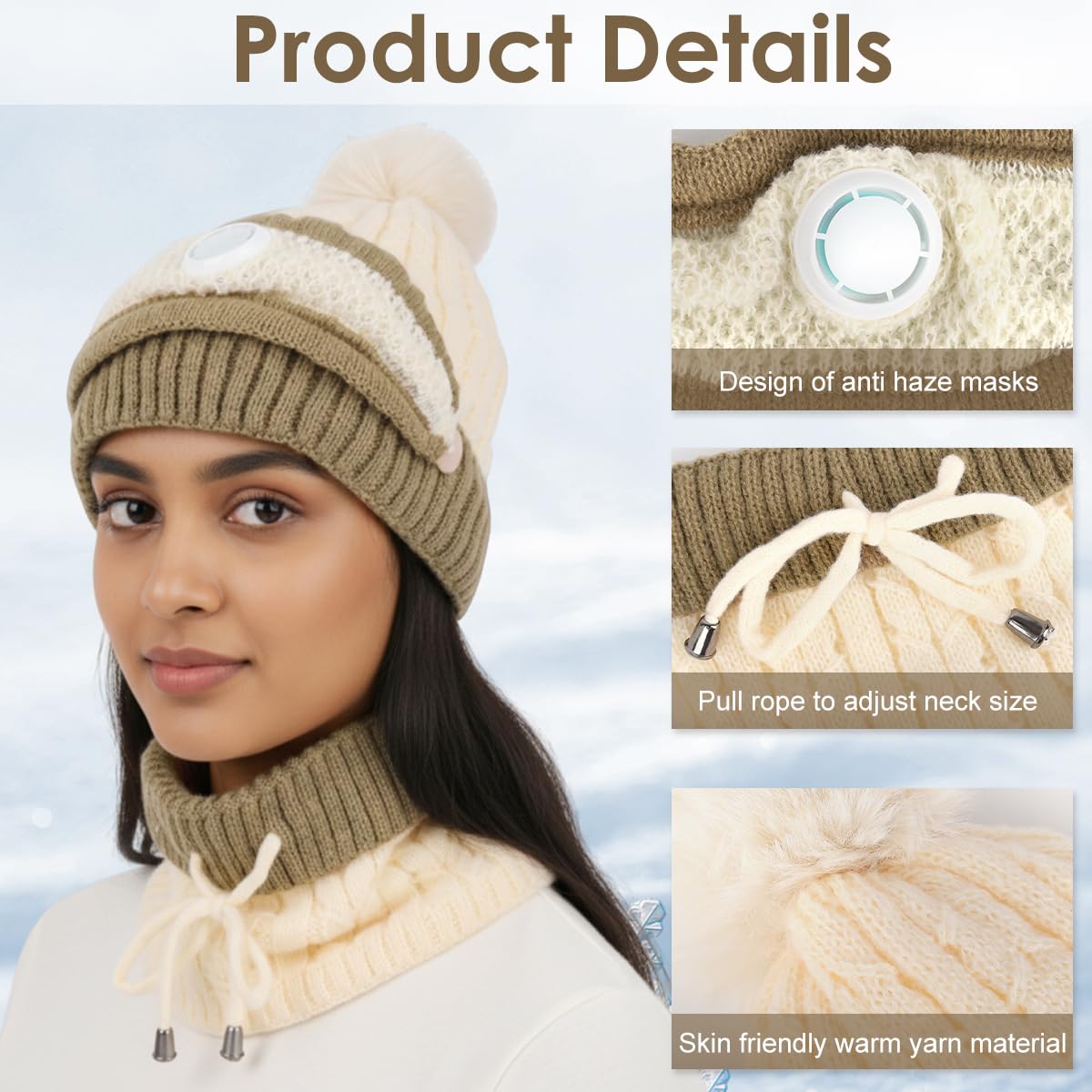 SANNIDHI Winter Cap for Women with Detachable Face Mask and Adjustable Neck Gaiter | Beige