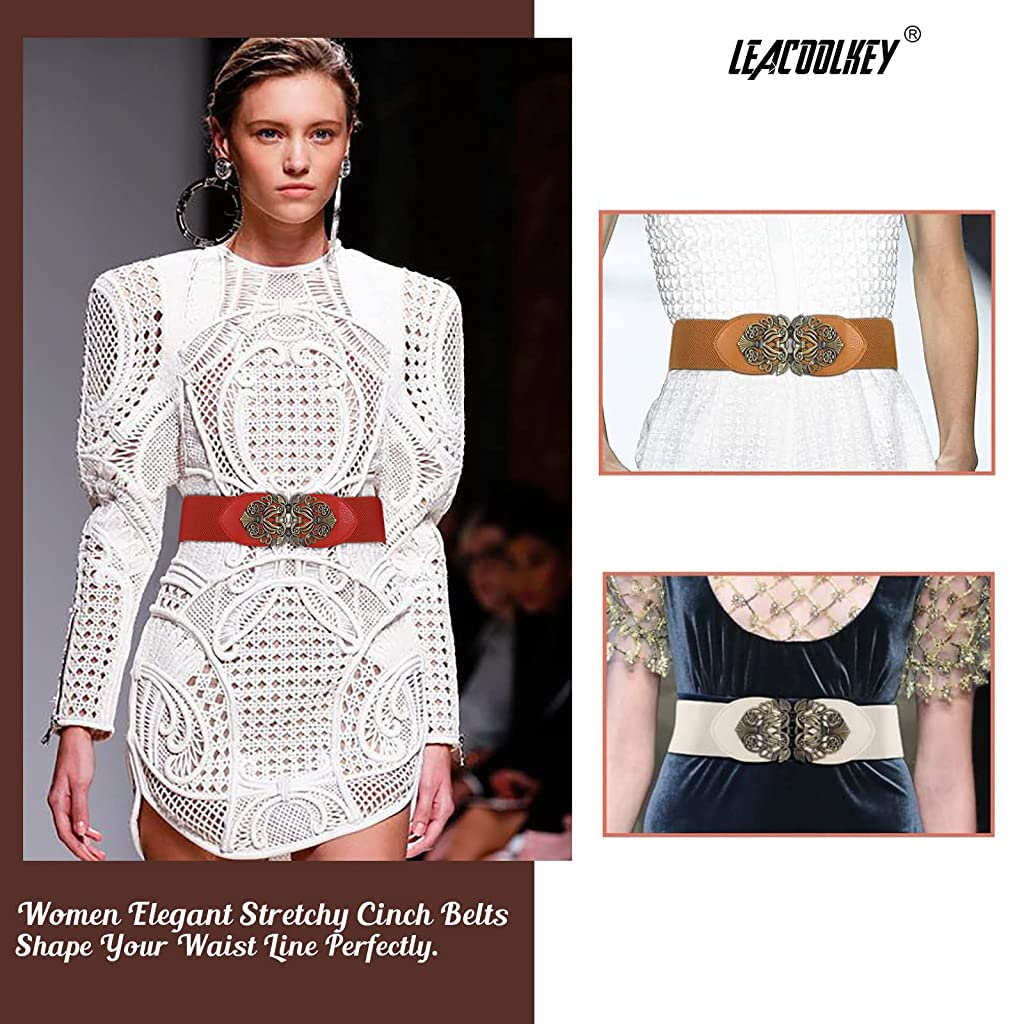 Zibuyu Waist Belt for Women Dresses with Interlocking Buckle featuring 2.3 in Wide Elastic | Brown