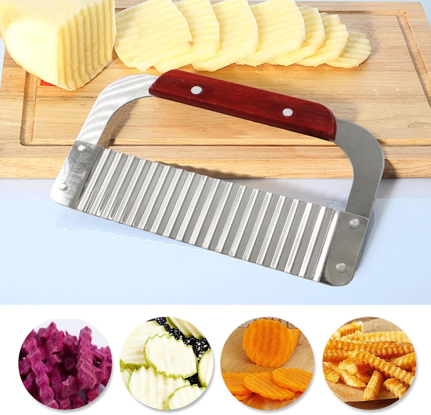 ZIBUYU Potato Crinkle Cutter for Homemade Fries with Corrugated Blade 18.5x12cm | Stainless Steel and Wooden Handle