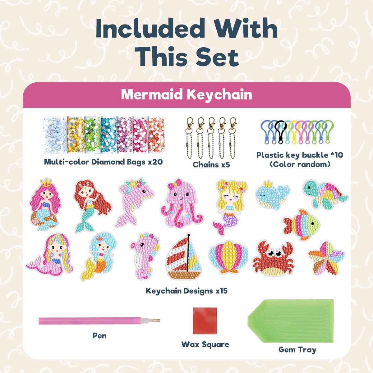 PATPAT DIY Diamond Art Keychain Kit for Kids with 15 Cartoon Mermaid Designs | Complete Craft Set