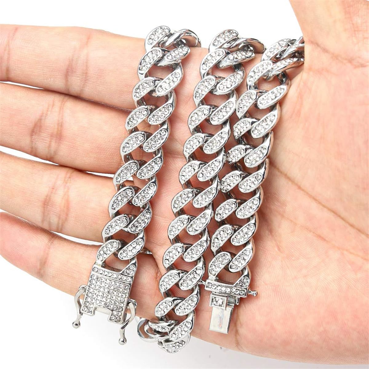 Venzina Cuban Chain Necklace for Men and Women 20in featuring Rhinestone Links | Silver