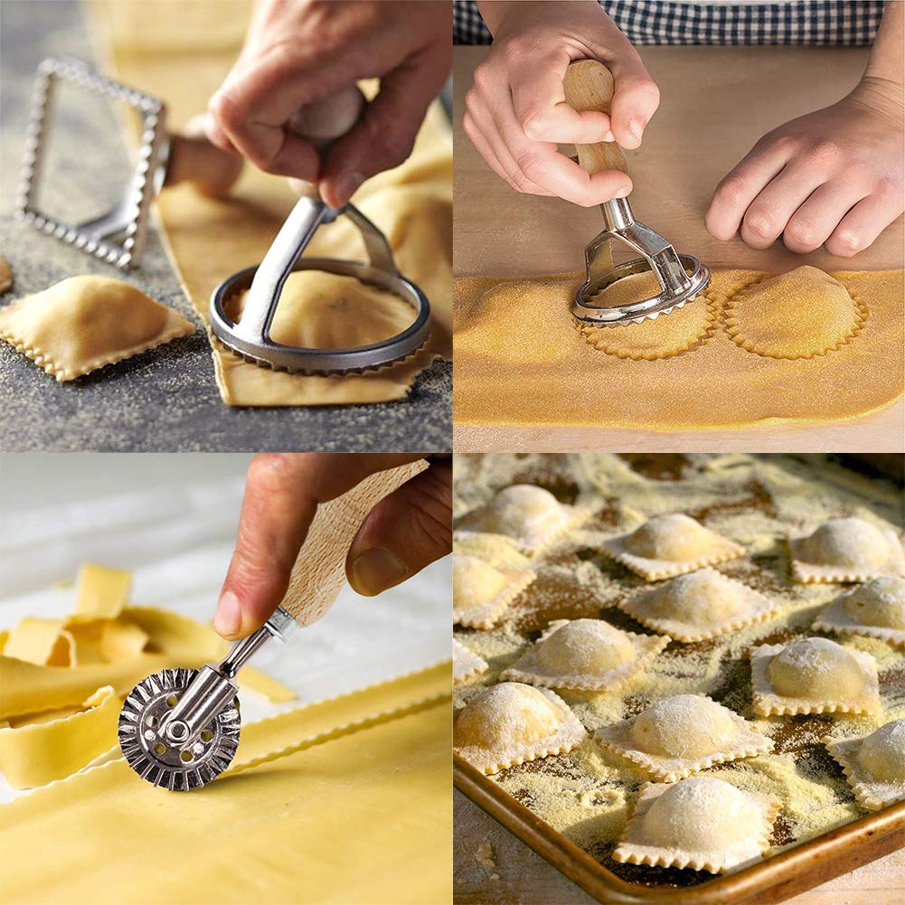 HASTHIP® Ravioli Stamp Wooden Handle Set, Dough Slicer Pastry Cutter DIY Cookie Cuter, Ravioli Maker Cutter Stamp, Mold with Wooden Handle and Fluted Edge (4 Set with Cutter)