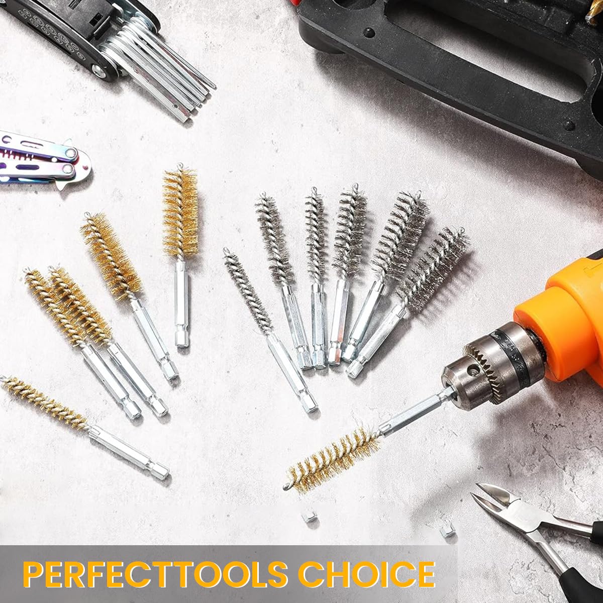 Serplex Bore Brush Set for Drill 12 pcs 1/4 in Hex Shank with Twisted Wire Design | Stainless Steel and Brass Cleaning Tools