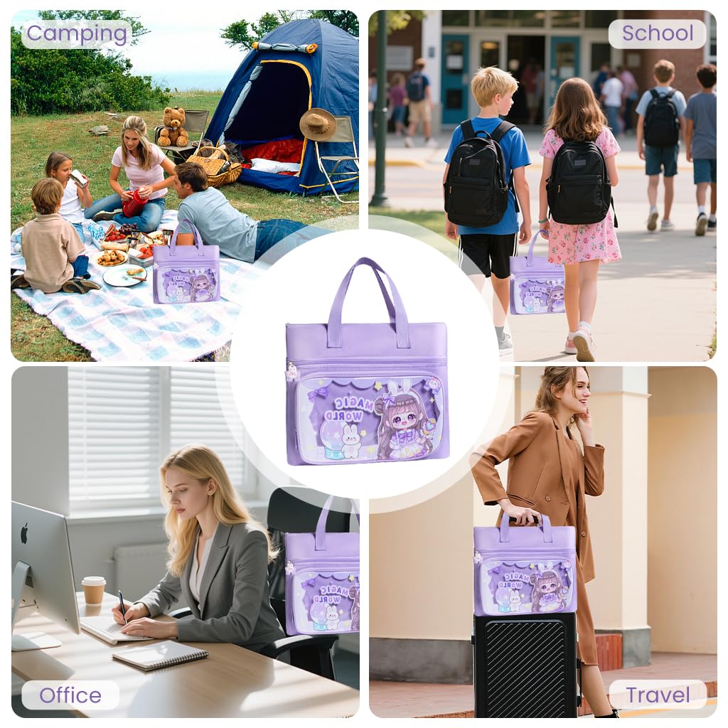 Zibuyu Tote Satchel Bag for School or Work with 13.8 x 10.6 in 3 Layer Capacity | Clear Pocket & Cute Cartoon Zippers