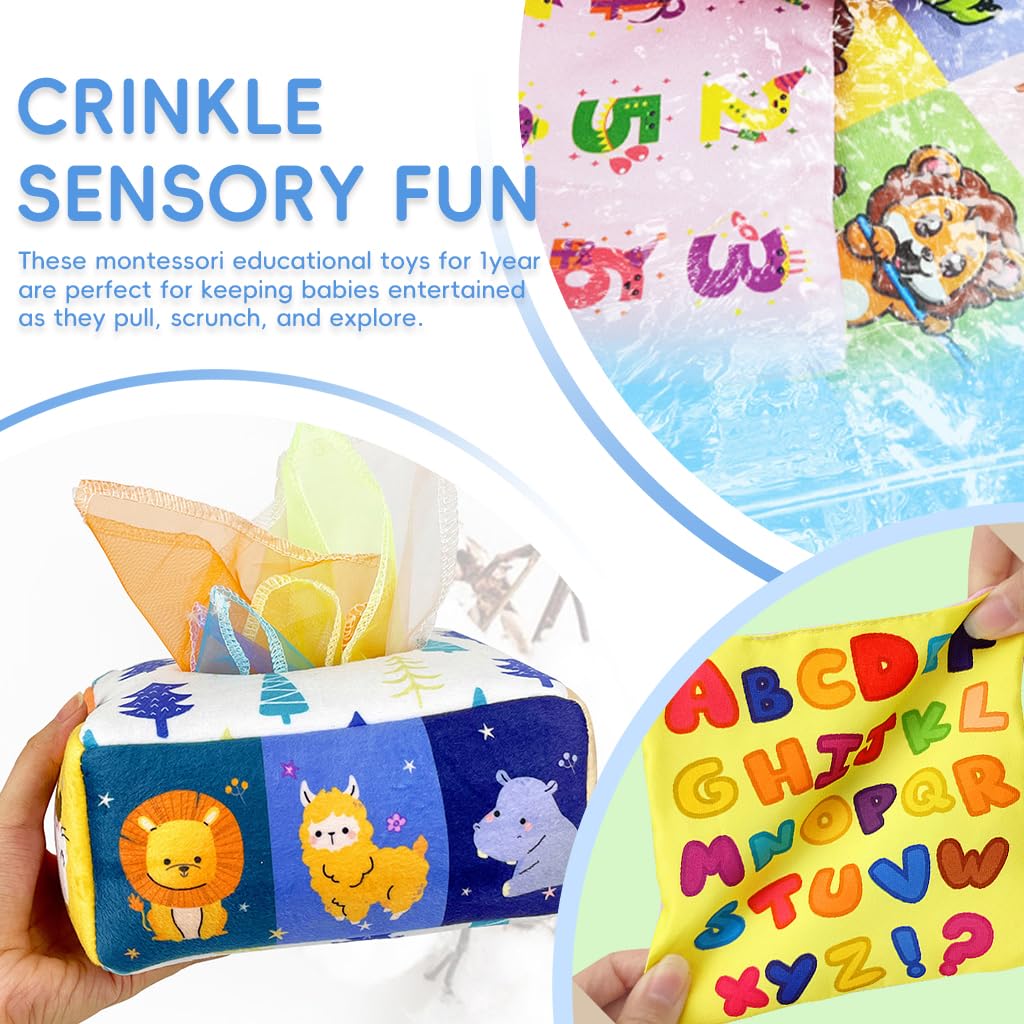 PATPAT Soft Tissue Box Toy for Baby 6–18 Months with 8 Sheer & 3 Crinkle Fabrics | Montessori Sensory Play