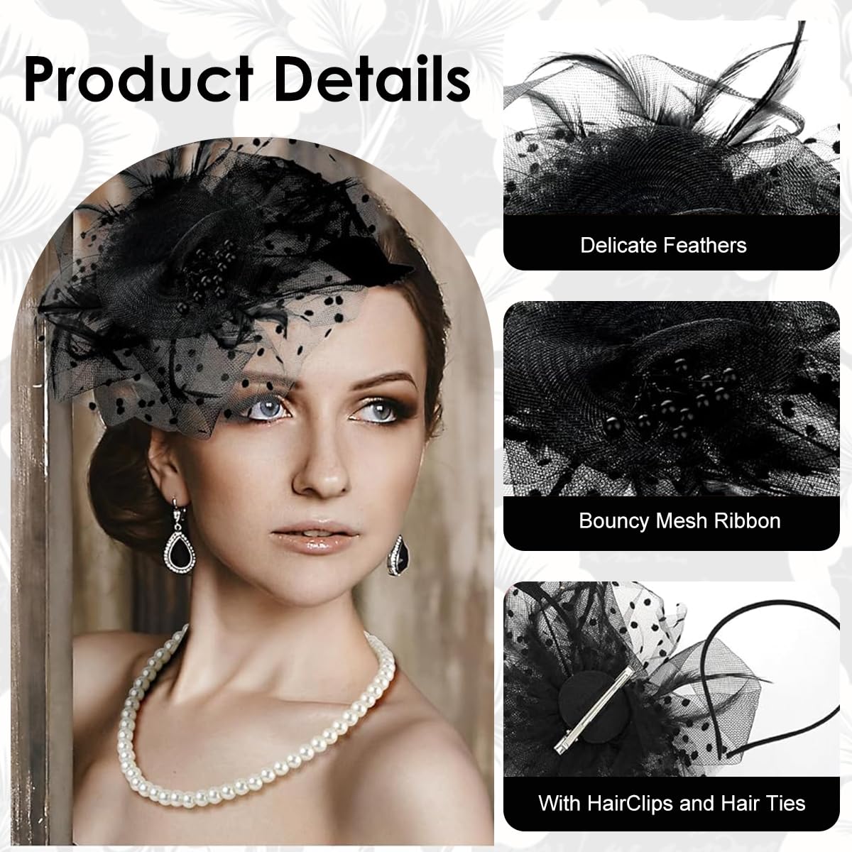 PATPAT Fascinator Tea Party Hats Set for Women with Lace Gloves & Pearl Jewelry | 5 Pcs Vintage Black Accessories