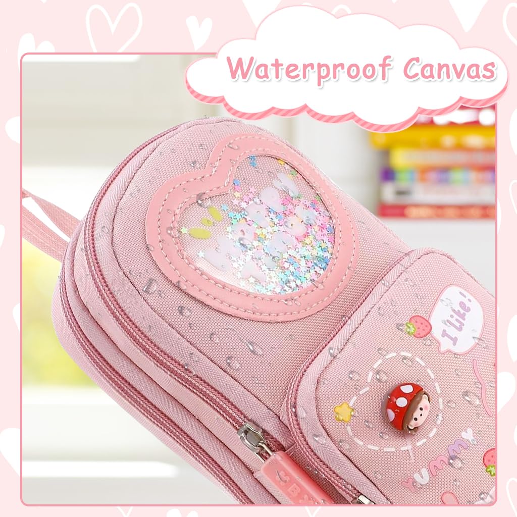 Zibuyu Pencil Pouch for Girls with 6 Layers and 3 Compartments Pink Canvas | Kawaii Organizer