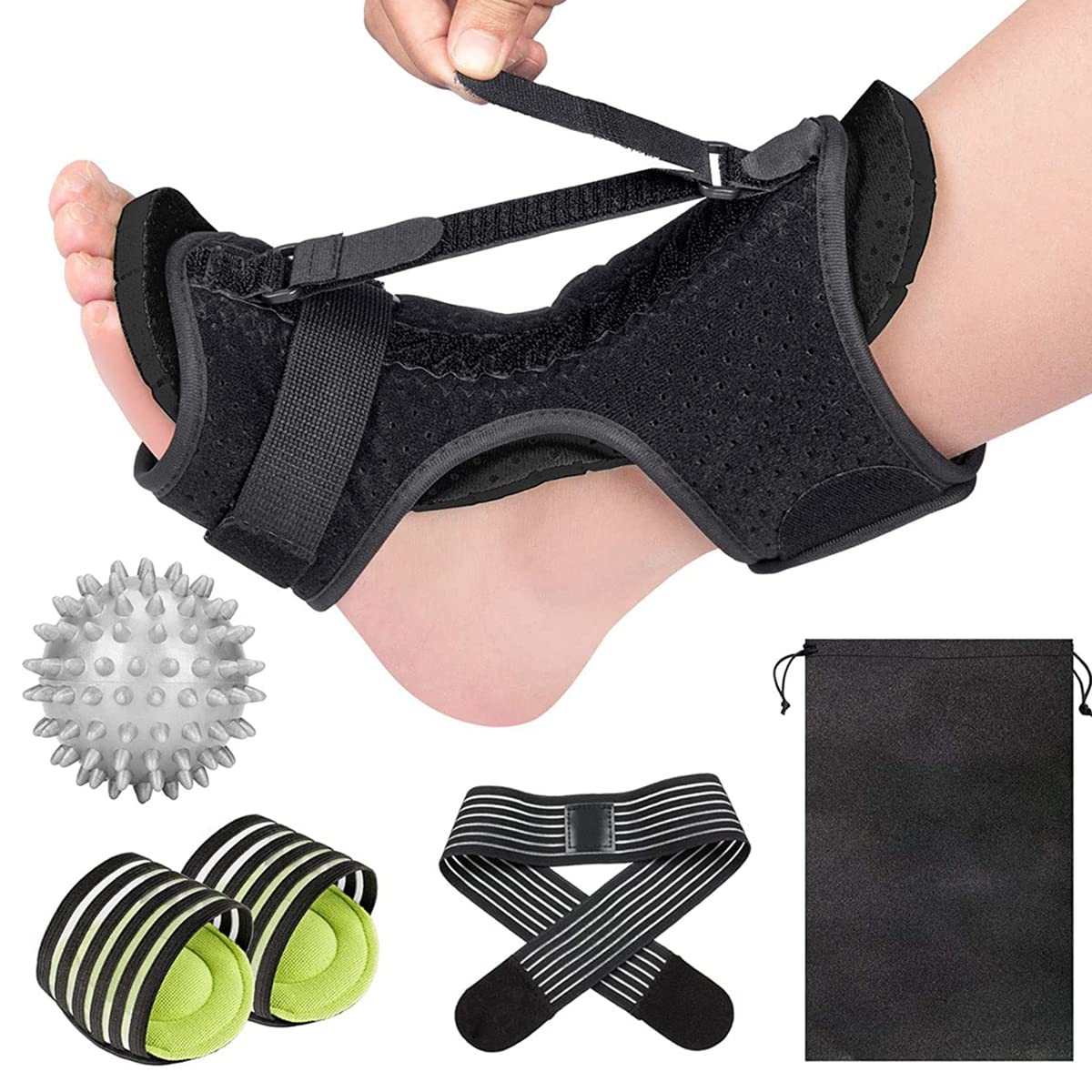 HANNEA Plantar Fasciitis Splint for Day and Night Pain Relief with 70°–90° Flexible Alloy Support | Includes Massage Ball and 2 Arch Pads