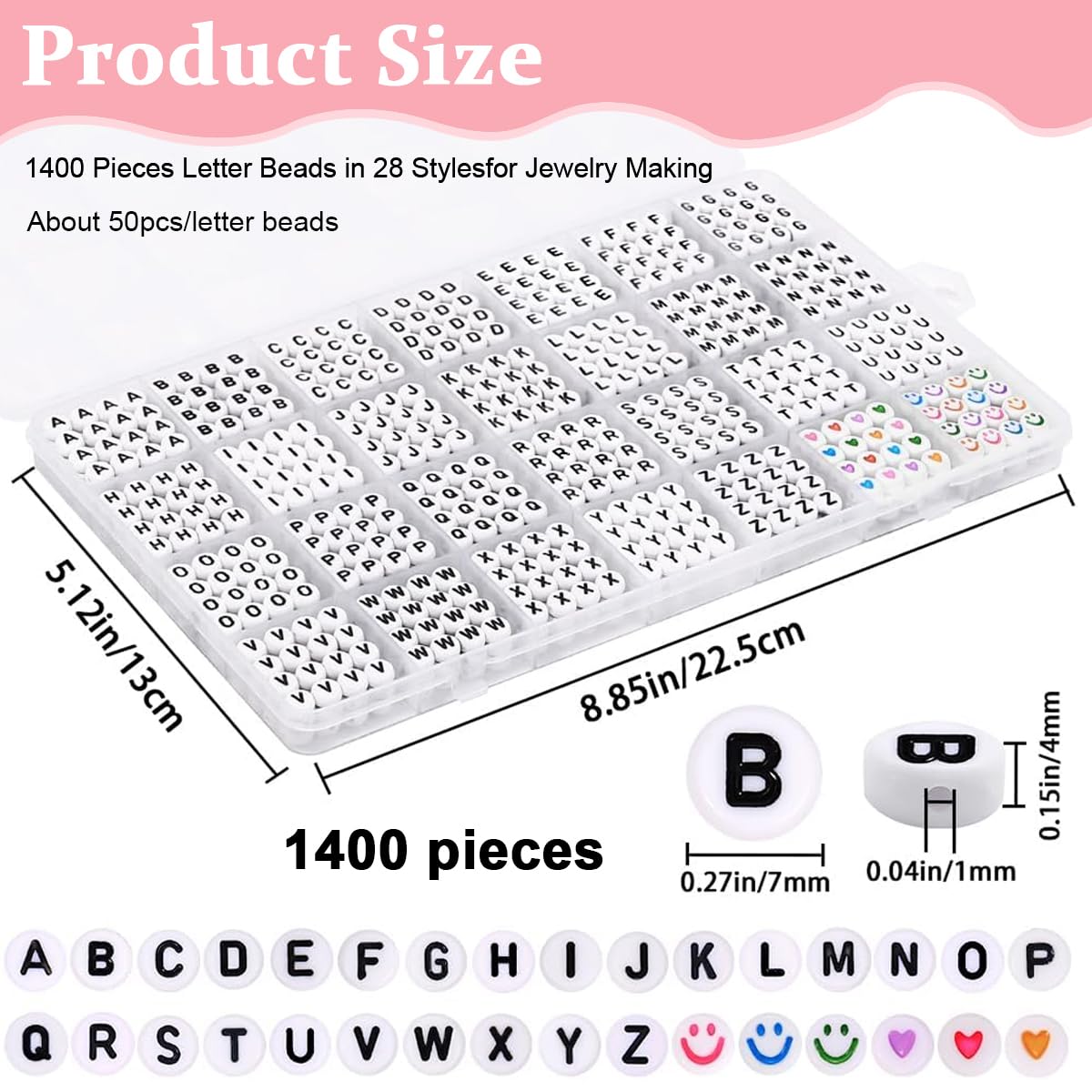 SANNIDHI Alphabet Beads for Bracelets and Necklace Jewelry Making Kit with 1400 Pcs | Colorful Acrylic Smiley Face and Heart Beads for DIY Crafts